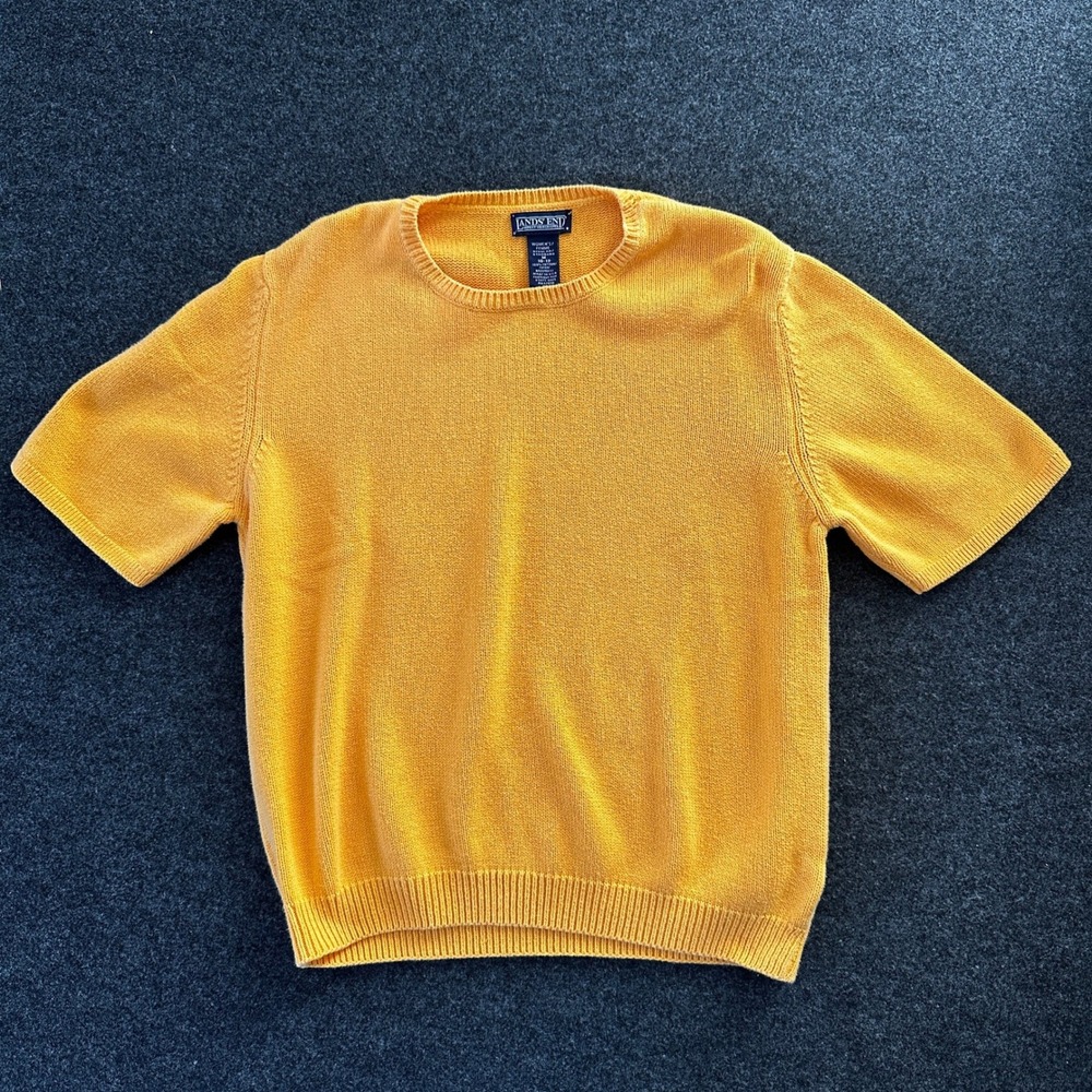 Lands End Womens Yellow Cotton Short Sleeve Knit Crew Neck Sweater Size M 10-12